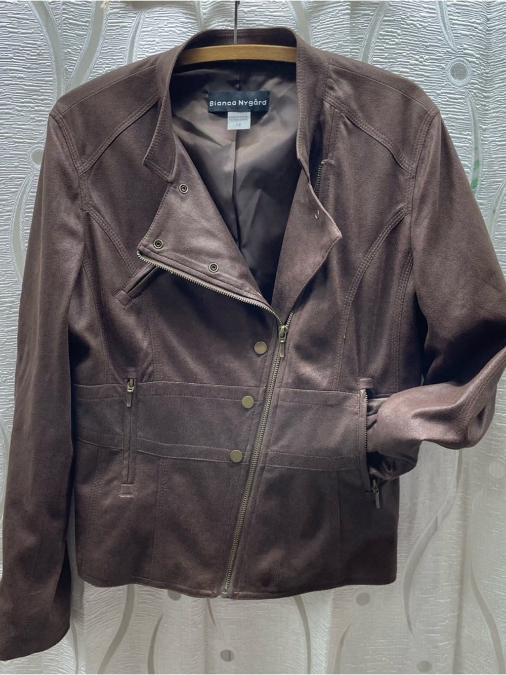 Bianca Nygard Moto Jacket Womens 12 Brown Excellent‎ Faux Suede Asymmetrical Zip